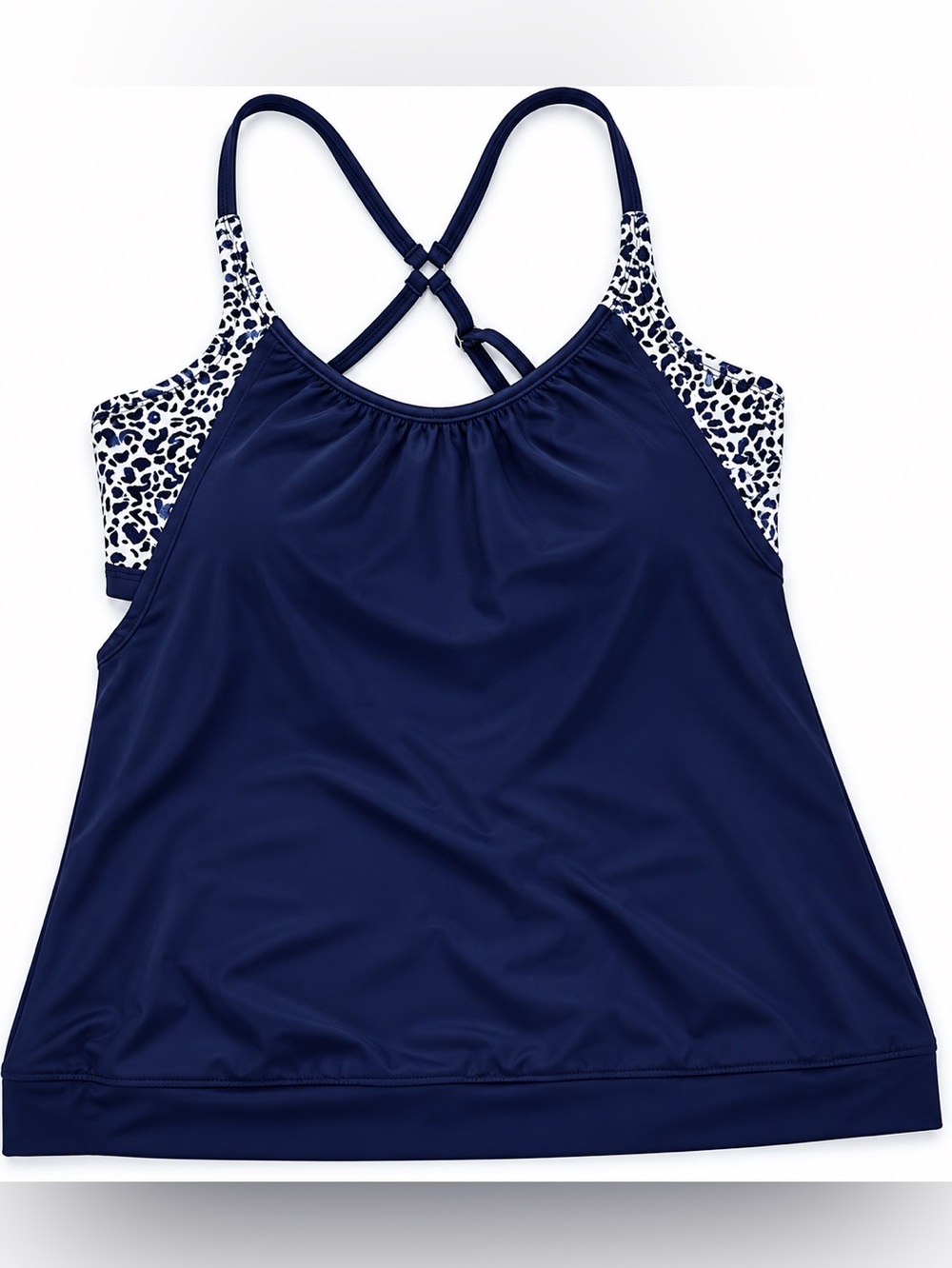 Athleta Zimbabwe Blousy Tankini Top 34D/DD Navy Blue Leopard Print Swim Top